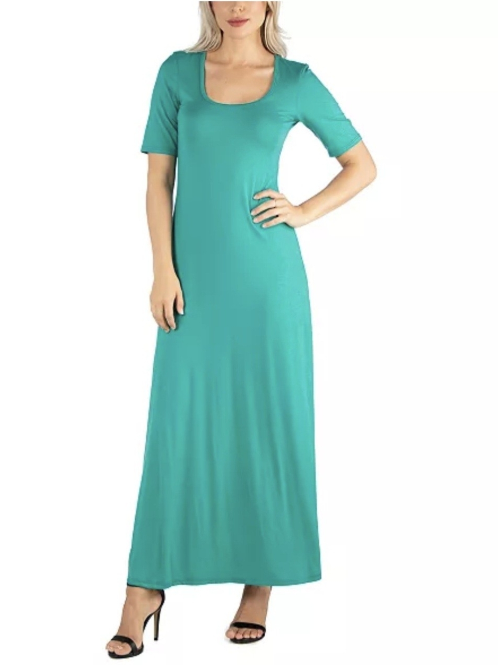 24/7 Comfort Apparel Teal Scoop-Neck Short-Sleeve Maxi Dress
